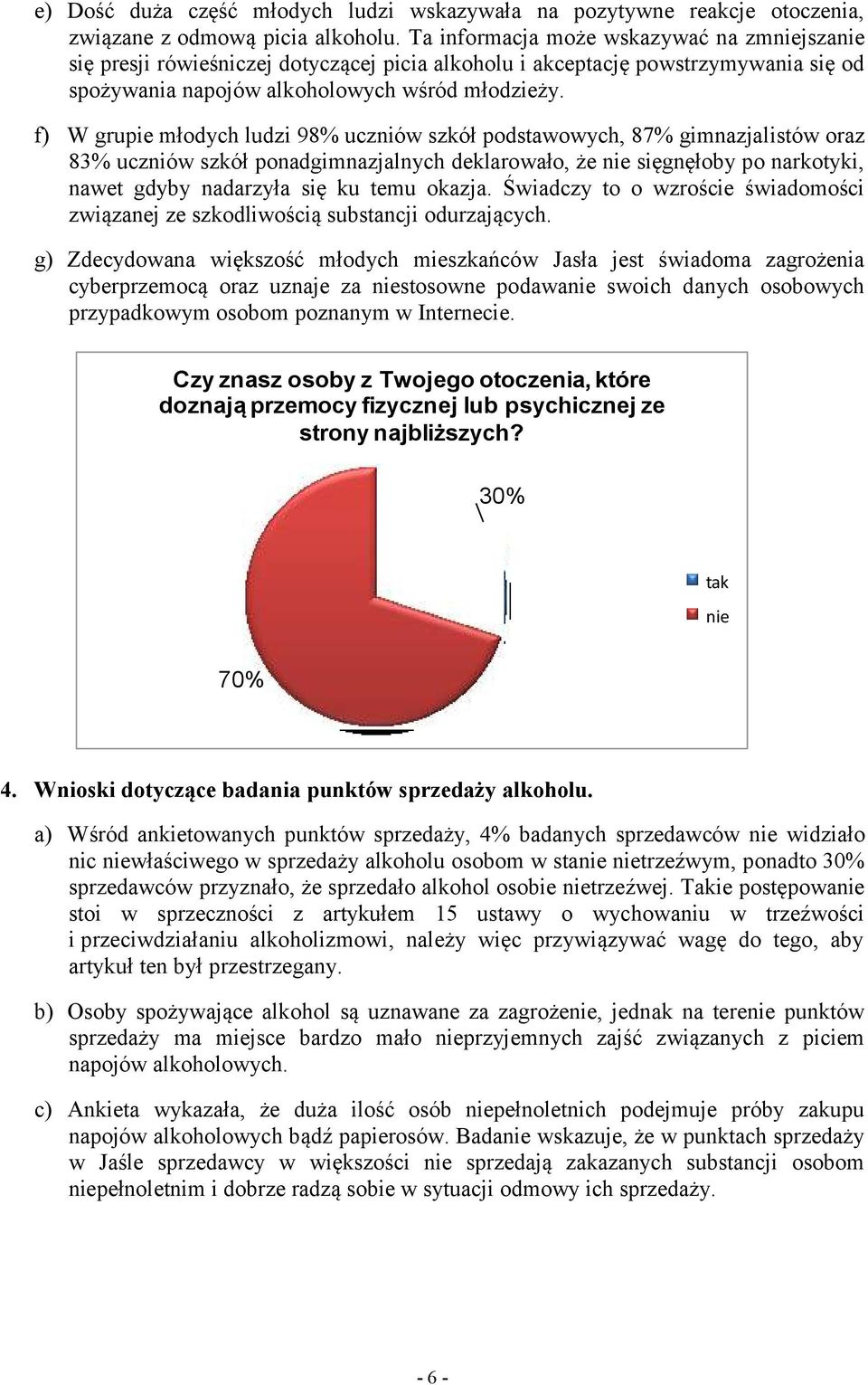 f) W grupie młodych ludzi 98% uczniów szkół podstawowych, 87% gimnazjalistów oraz 83% uczniów szkół ponadgimnazjalnych deklarowało, że nie sięgnęłoby po narkotyki, nawet gdyby nadarzyła się ku temu