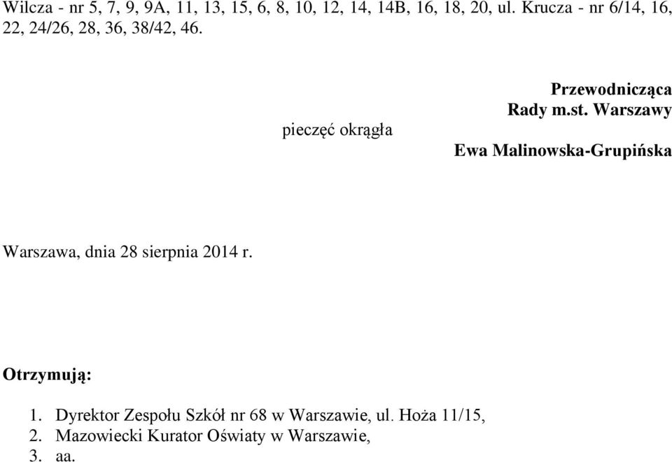 st. Warszawy Ewa Malinowska-Grupińska Warszawa, dnia 28 sierpnia 2014 r. Otrzymują: 1.