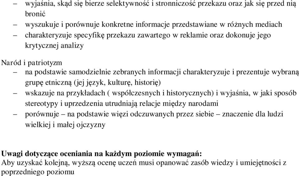 kulturę, historię) wskazuje na przykładach ( współczesnych i historycznych) i wyjaśnia, w jaki sposób stereotypy i uprzedzenia utrudniają relacje między narodami porównuje na podstawie więzi