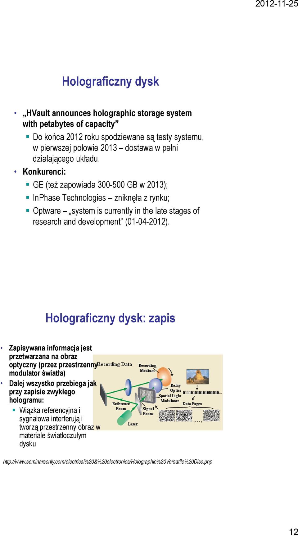 Konkurenci: GE (też zapowiada 300-500 GB w 2013); InPhase Technologies zniknęła z rynku; Optware system is currently in the late stages of research and development (01-04-2012).