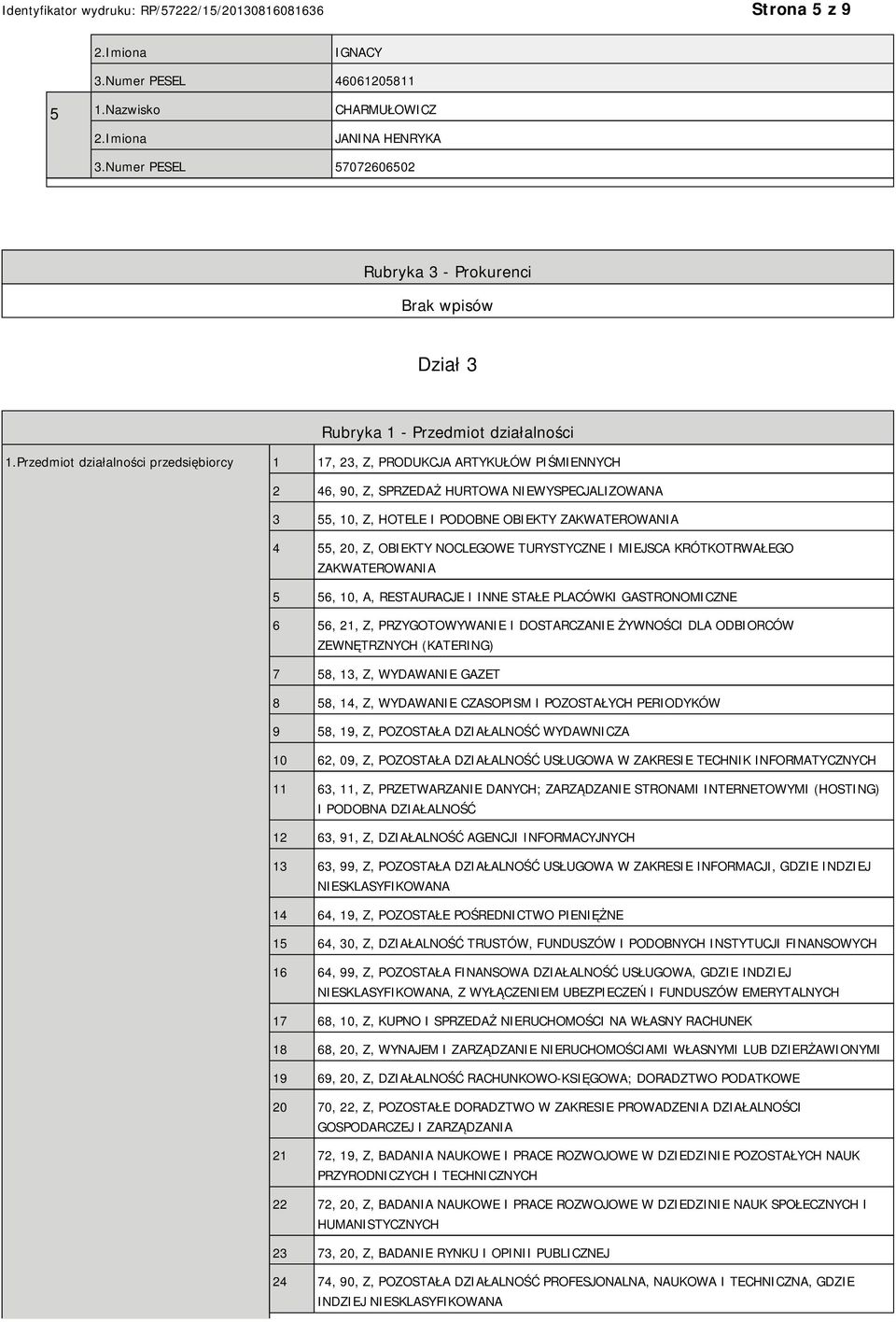 OBIEKTY NOCLEGOWE TURYSTYCZNE I MIEJSCA KRÓTKOTRWAŁEGO ZAKWATEROWANIA 5 56, 10, A, RESTAURACJE I INNE STAŁE PLACÓWKI GASTRONOMICZNE 6 56, 21, Z, PRZYGOTOWYWA I DOSTARCZA ŻYWNOŚCI DLA ODBIORCÓW