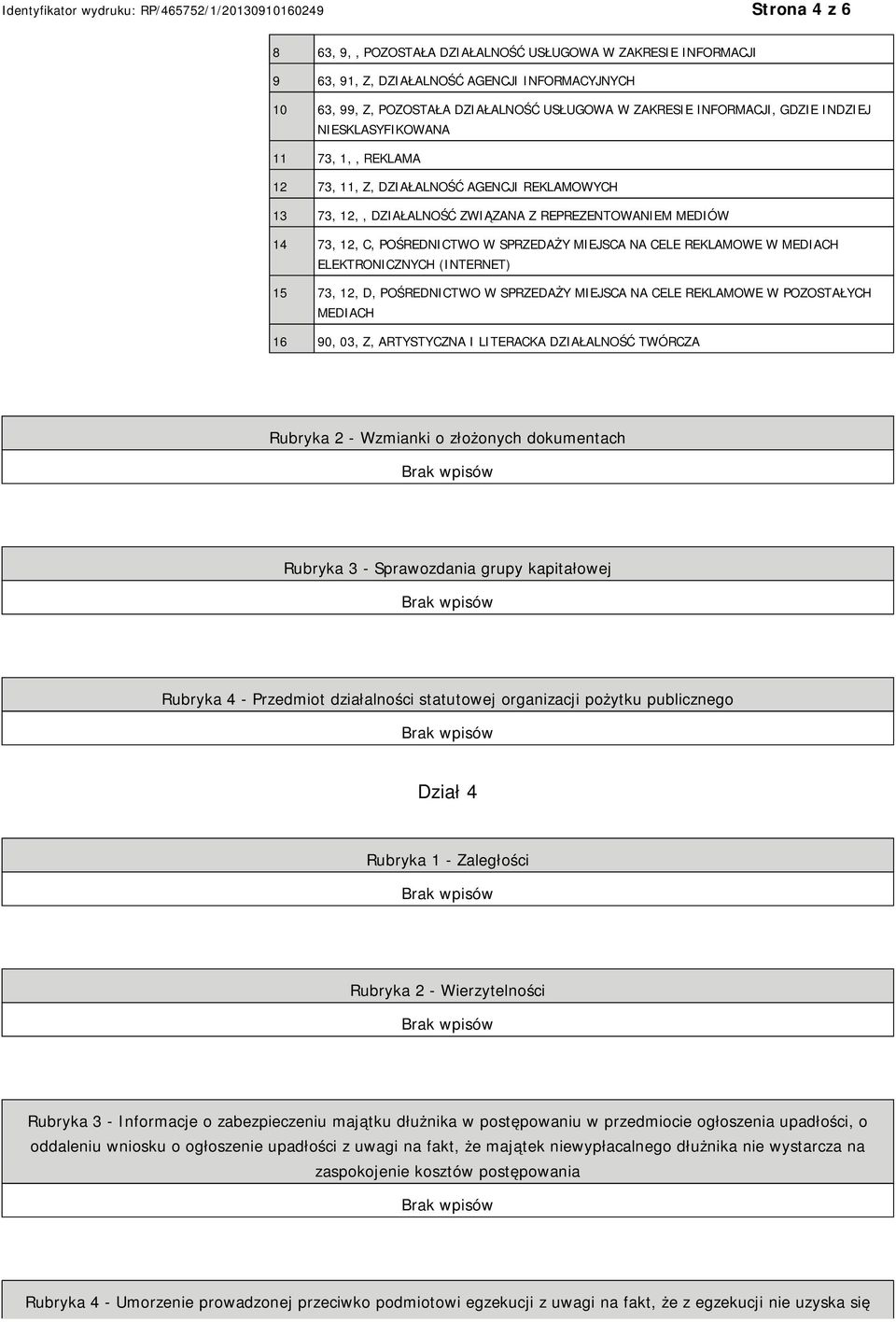 CELE REKLAMOWE W MEDIACH ELEKTRONICZNYCH (INTERNET) 15 73, 12, D, POŚREDNICTWO W SPRZEDAŻY MIEJSCA NA CELE REKLAMOWE W POZOSTAŁYCH MEDIACH 16 90, 03, Z, ARTYSTYCZNA I LITERACKA DZIAŁALNOŚĆ TWÓRCZA