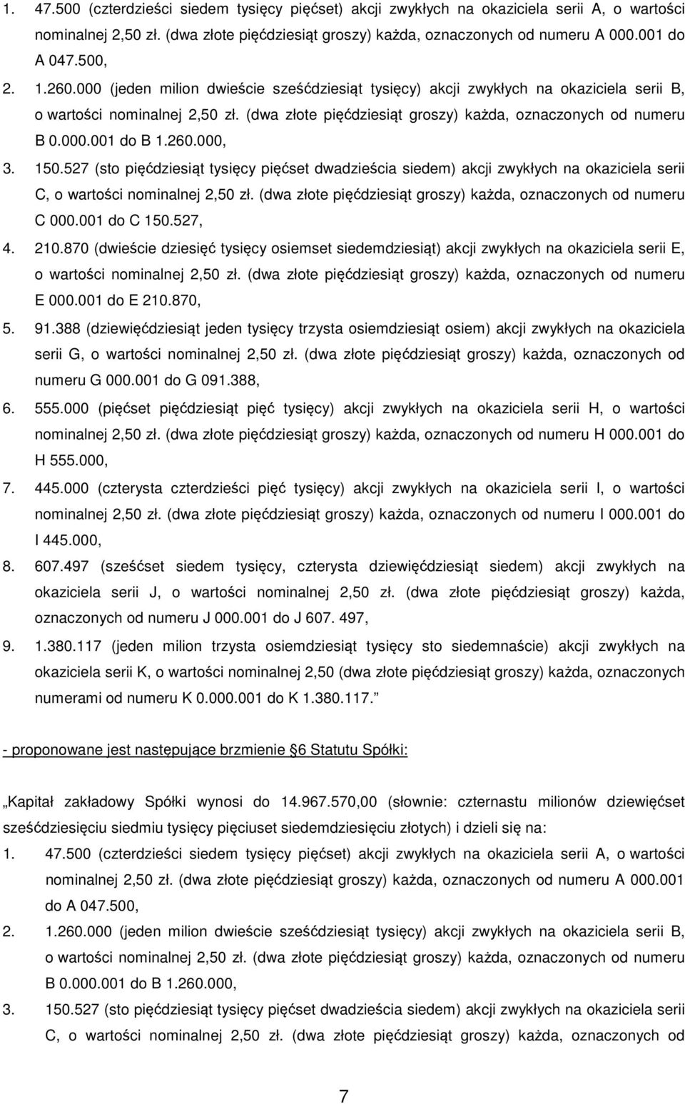 000.001 do B 1.260.000, 3. 150.527 (sto pięćdziesiąt tysięcy pięćset dwadzieścia siedem) akcji zwykłych na okaziciela serii C, o wartości nominalnej 2,50 zł.