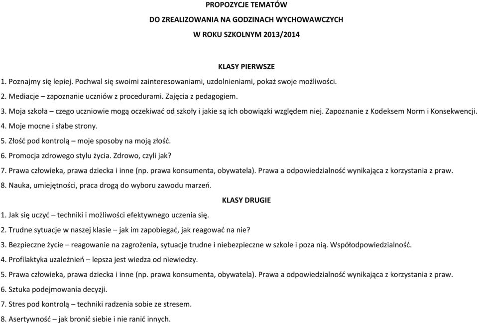 Moja szkoła czego uczniowie mogą oczekiwać od szkoły i jakie są ich obowiązki względem niej. Zapoznanie z Kodeksem Norm i Konsekwencji. 4. Moje mocne i słabe strony. 5.