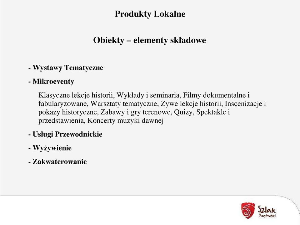 lekcje historii, Inscenizacje i pokazy historyczne, Zabawy i gry terenowe, Quizy,