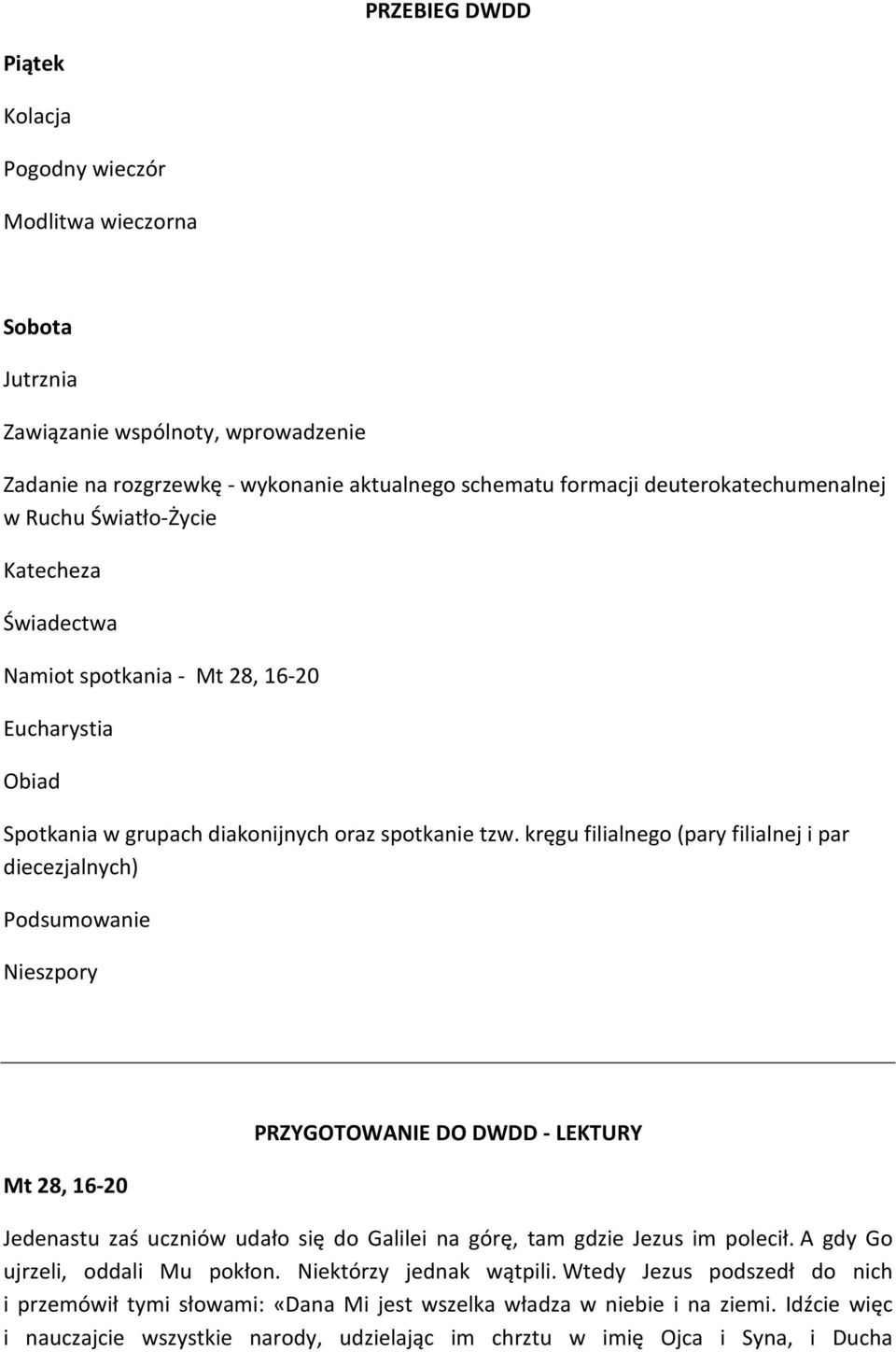 kręgu filialnego (pary filialnej i par diecezjalnych) Podsumowanie Nieszpory Mt 28, 16-20 PRZYGOTOWANIE DO DWDD - LEKTURY Jedenastu zaś uczniów udało się do Galilei na górę, tam gdzie Jezus im