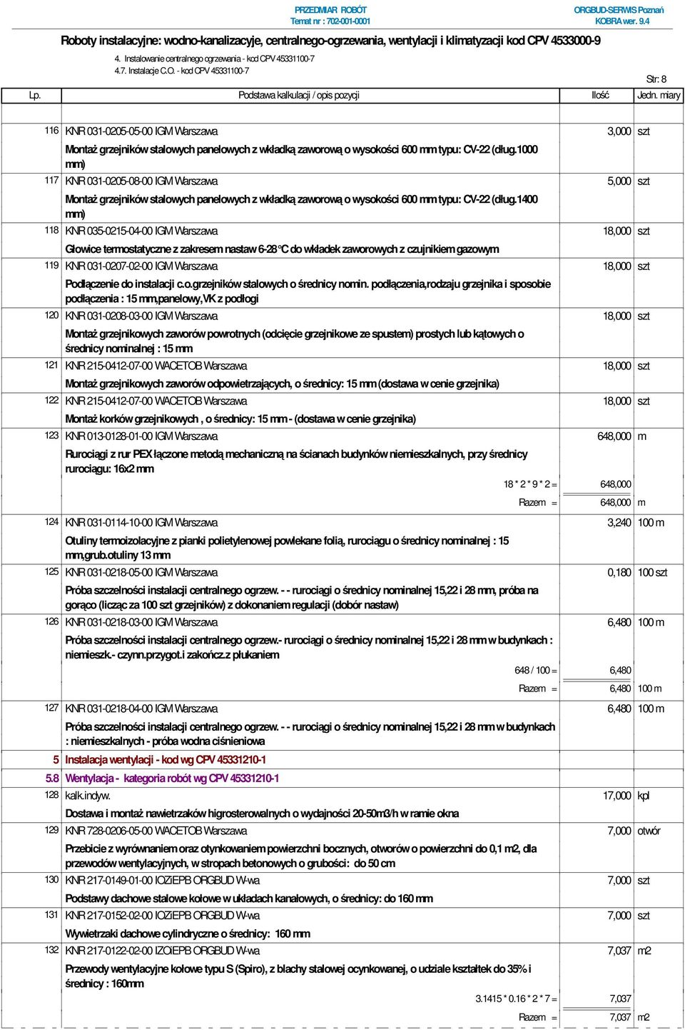 1000 mm) 117 KNR 031-0205-08-00 IGM Warszawa 5,000 szt Montaż grzejników stalowych panelowych z wkładką zaworową o wysokości 600 mm typu: CV-22 (dług.