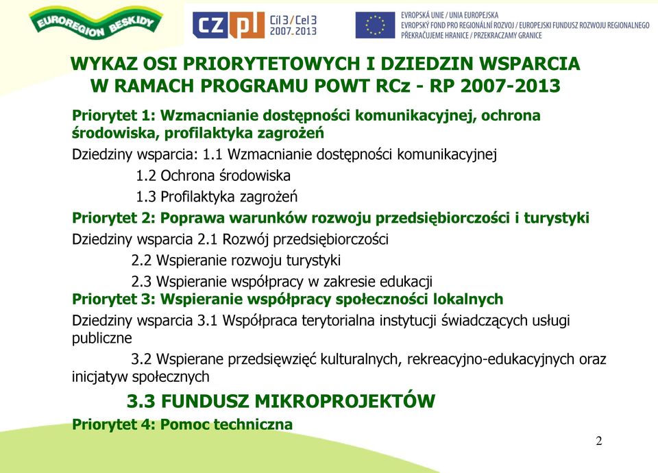 1 Rozwój przedsiębiorczości 2.2 Wspieranie rozwoju turystyki 2.3 Wspieranie współpracy w zakresie edukacji Priorytet 3: Wspieranie współpracy społeczności lokalnych Dziedziny wsparcia 3.