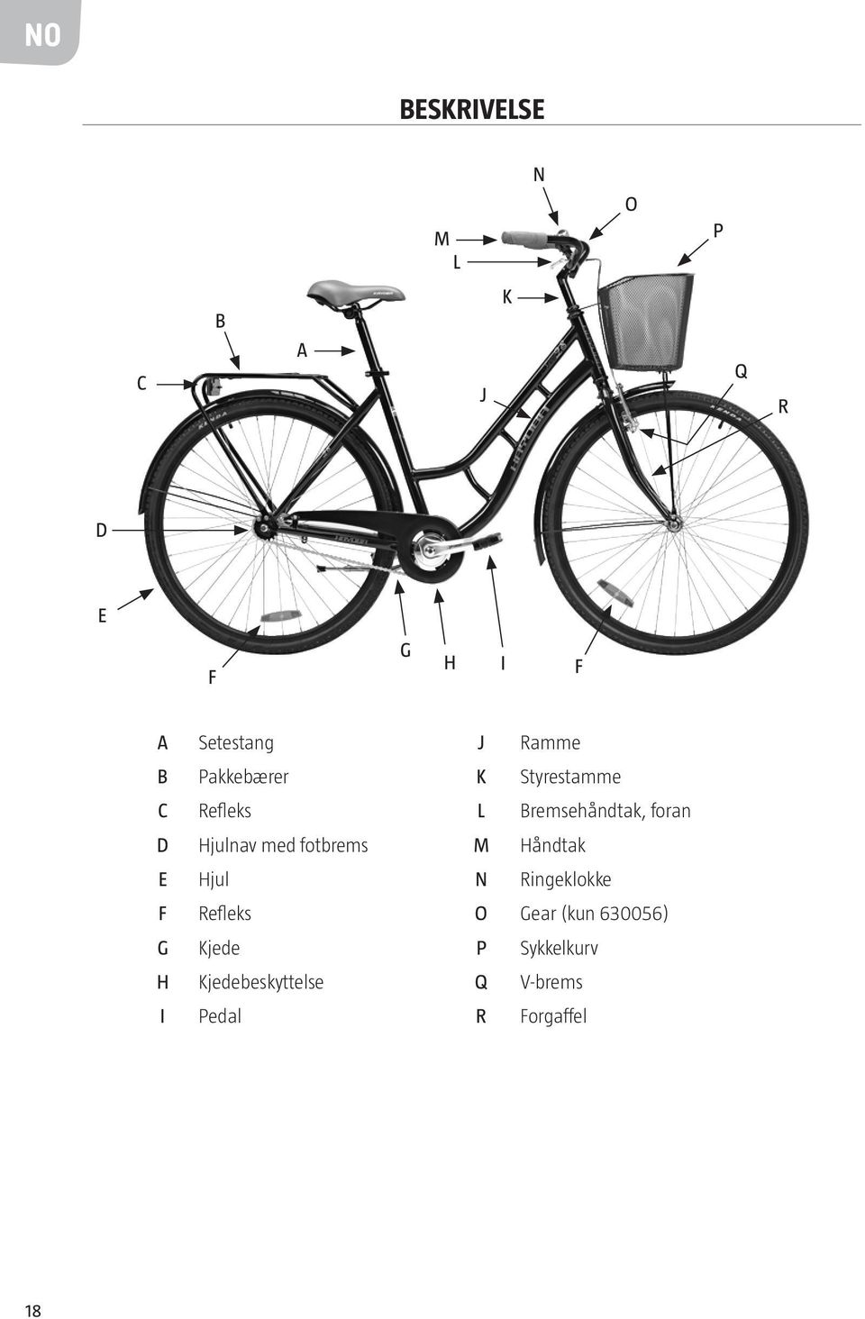 med fotbrems M Håndtak E Hjul N Ringeklokke F Refleks O Gear (kun
