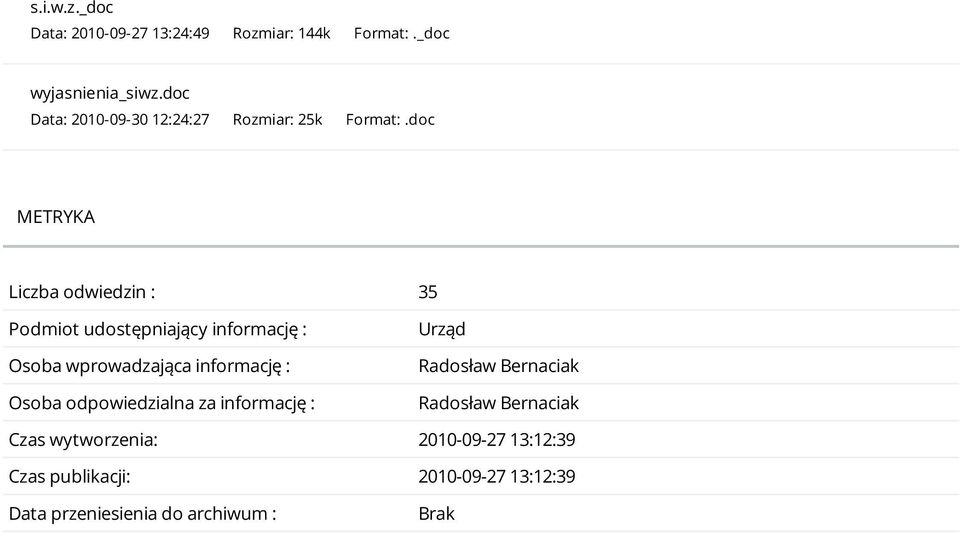 doc METRYKA Liczba odwiedzin : 35 Podmiot udostępniający informację : Osoba wprowadzająca informację :