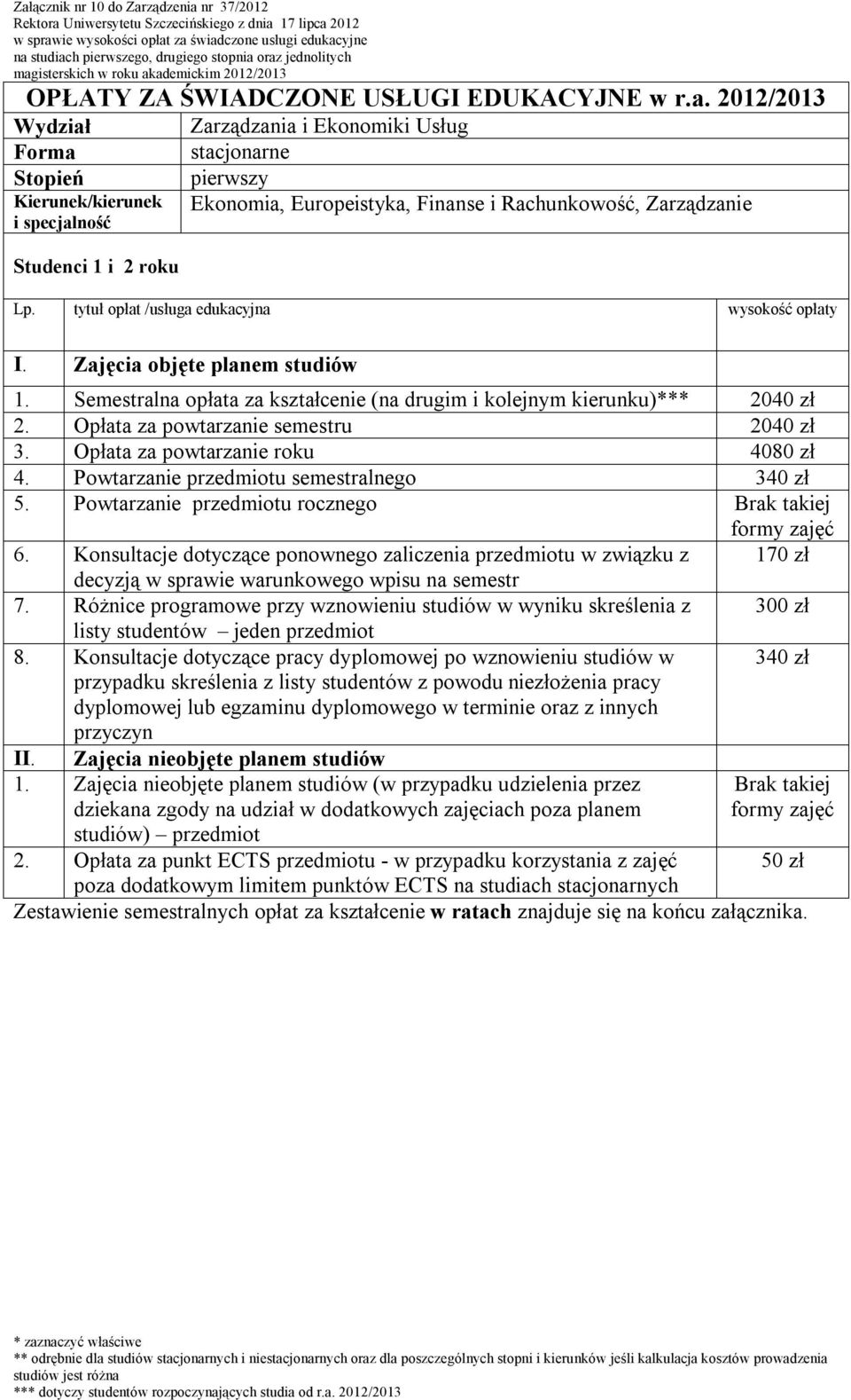 Semestralna opłata za kształcenie (na drugim i kolejnym kierunku)*** 2040 zł 2. Opłata za powtarzanie semestru 2040 zł 3. Opłata za powtarzanie roku 4080 zł 2.