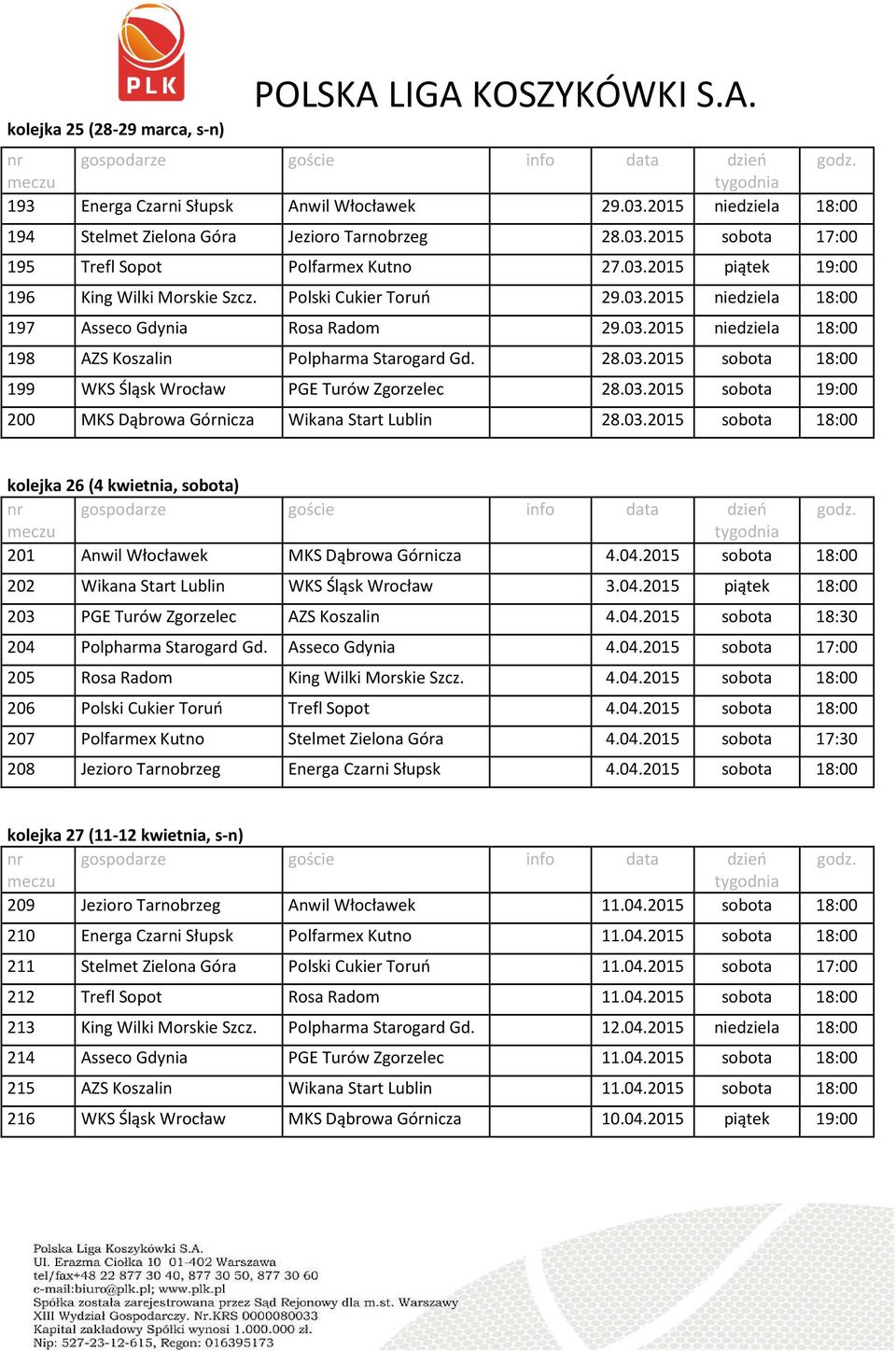 03.2015 sobota 19:00 200 MKS Dąbrowa Górnicza Wikana Start Lublin 28.03.2015 sobota 18:00 kolejka 26 (4 kwietnia, sobota) 201 Anwil Włocławek MKS Dąbrowa Górnicza 4.04.