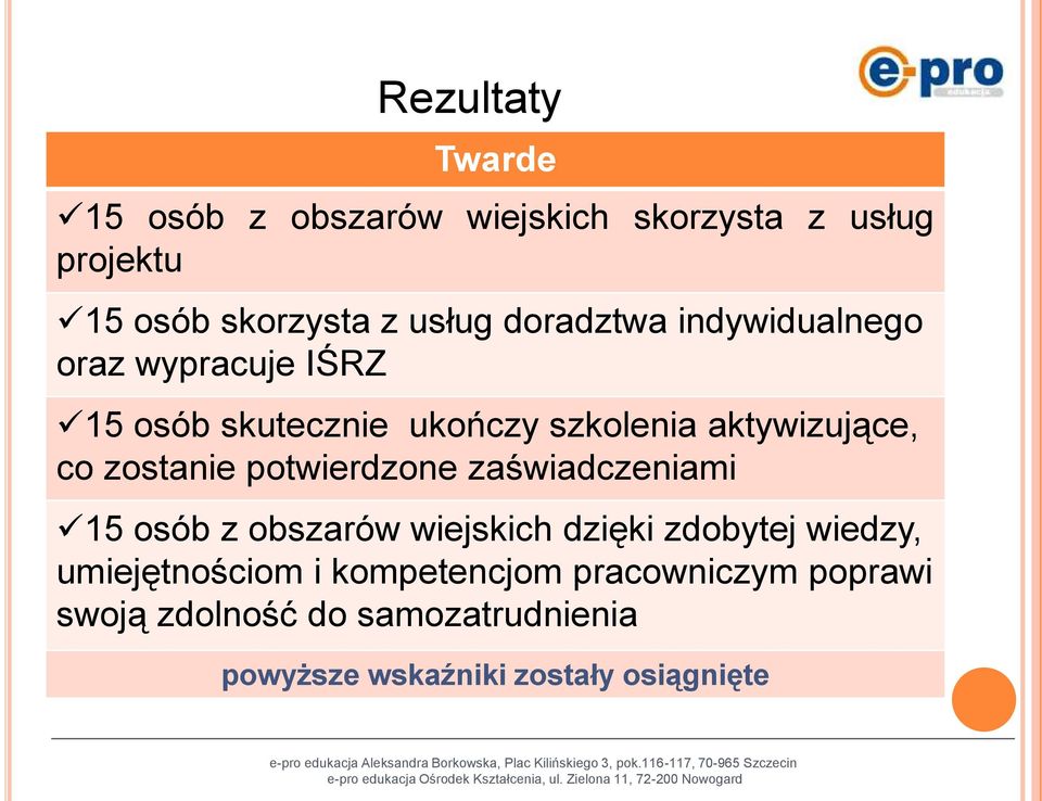 zostanie potwierdzone zaświadczeniami 15 osób z obszarów wiejskich dzięki zdobytej wiedzy,