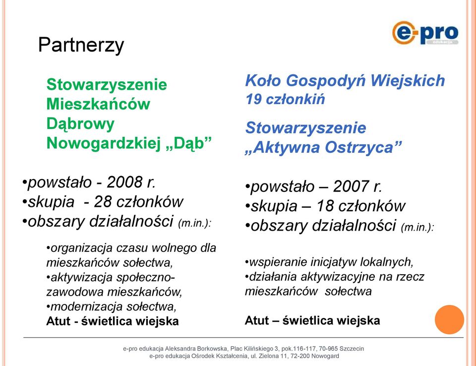 ): organizacja czasu wolnego dla mieszkańców sołectwa, aktywizacja społecznozawodowa mieszkańców, modernizacja sołectwa, Atut -