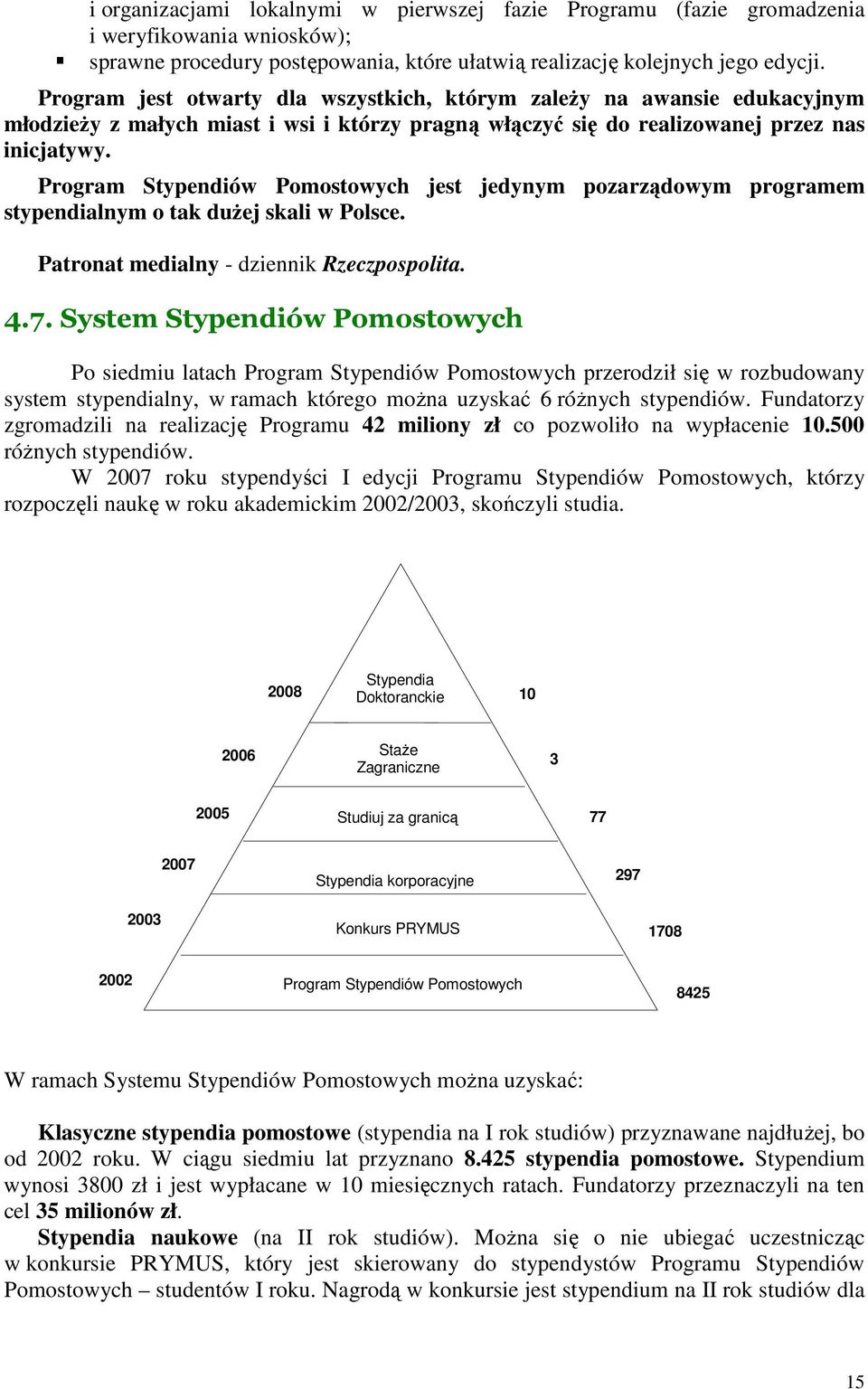 Program Stypendiów Pomostowych jest jedynym pozarządowym programem stypendialnym o tak duŝej skali w Polsce. Patronat medialny - dziennik Rzeczpospolita. 4.7.