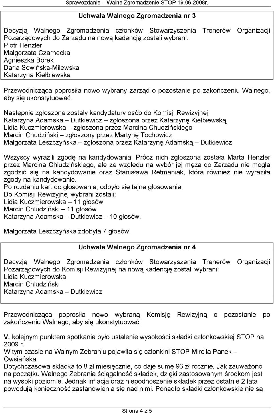 Następnie zgłoszone zostały kandydatury osób do Komisji Rewizyjnej: Katarzyna Adamska Dutkiewicz zgłoszona przez Katarzynę Kiełbiewską Lidia Kuczmierowska zgłoszona przez Marcina Chudzińskiego Marcin