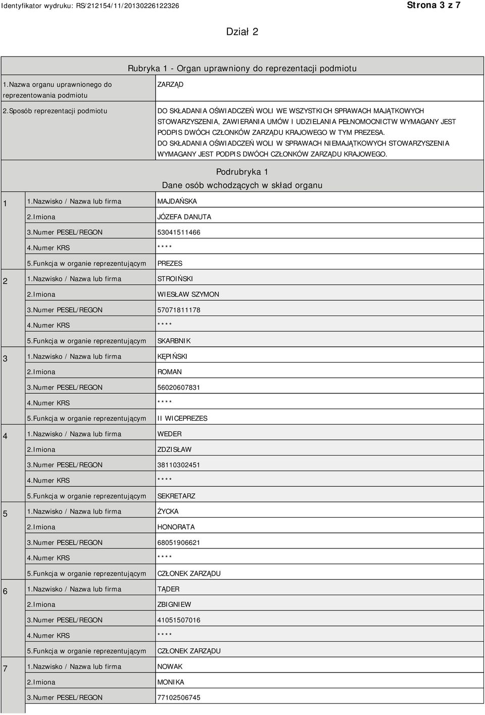 ZARZĄDU KRAJOWEGO W TYM PREZESA. DO SKŁADANIA OŚWIADCZEŃ WOLI W SPRAWACH NIEMAJĄTKOWYCH STOWARZYSZENIA WYMAGANY JEST PODPIS DWÓCH CZŁONKÓW ZARZĄDU KRAJOWEGO. 1 1.