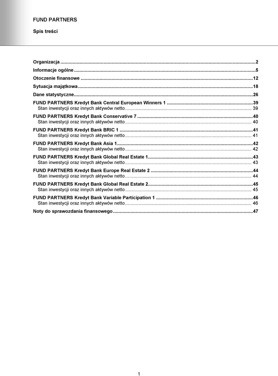 .. 41 Stan inwestycji oraz innych aktywów netto... 41 FUND PARTNERS Kredyt Bank Asia 1... 42 Stan inwestycji oraz innych aktywów netto... 42 FUND PARTNERS Kredyt Bank Global Real Estate 1.