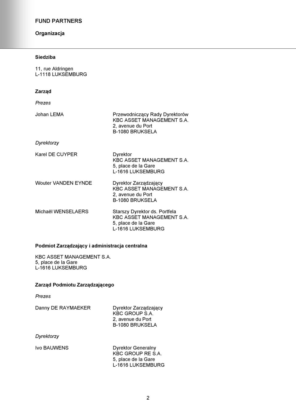 A. 5, place de la Gare L-1616 LUKSEMBURG Zarząd Podmiotu Zarządzającego Prezes Danny DE RAYMAEKER Dyrektor Zarządzający KBC GROUP S.A. 2, avenue du Port B-1080 BRUKSELA Dyrektorzy Ivo BAUWENS Dyrektor Generalny KBC GROUP RE S.