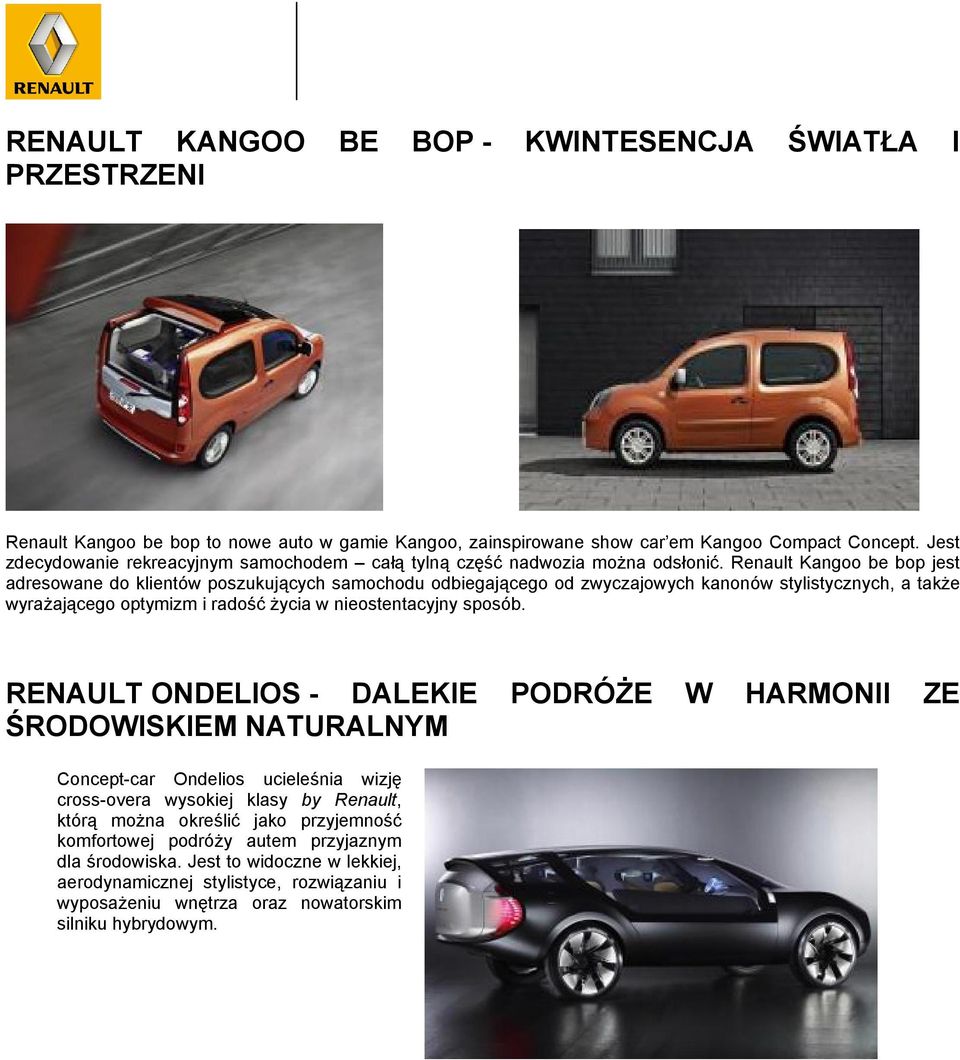 Renault Kangoo be bop jest adresowane do klientów poszukujących samochodu odbiegającego od zwyczajowych kanonów stylistycznych, a także wyrażającego optymizm i radość życia w nieostentacyjny sposób.