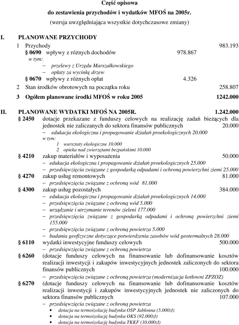 807 3 Ogółem planowane środki MFOŚ w roku 2005 1242.000 II. PLANOWANE WYDATKI MFOŚ NA 2005R. 1.242.000 2450 dotacje przekazane z funduszy celowych na realizację zadań bieżących dla jednostek nie zaliczanych do sektora finansów publicznych 20.