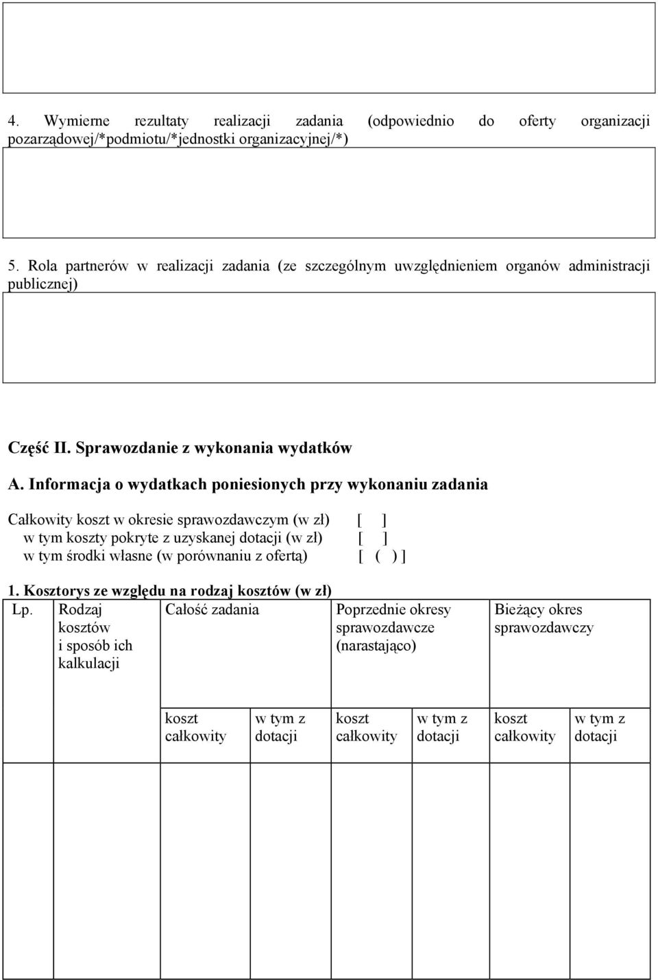 Informacja o wydatkach poniesionych przy wykonaniu zadania Całkowity koszt w okresie sprawozdawczym (w zł) [ ] w tym koszty pokryte z uzyskanej dotacji (w zł) [ ] w tym środki własne (w