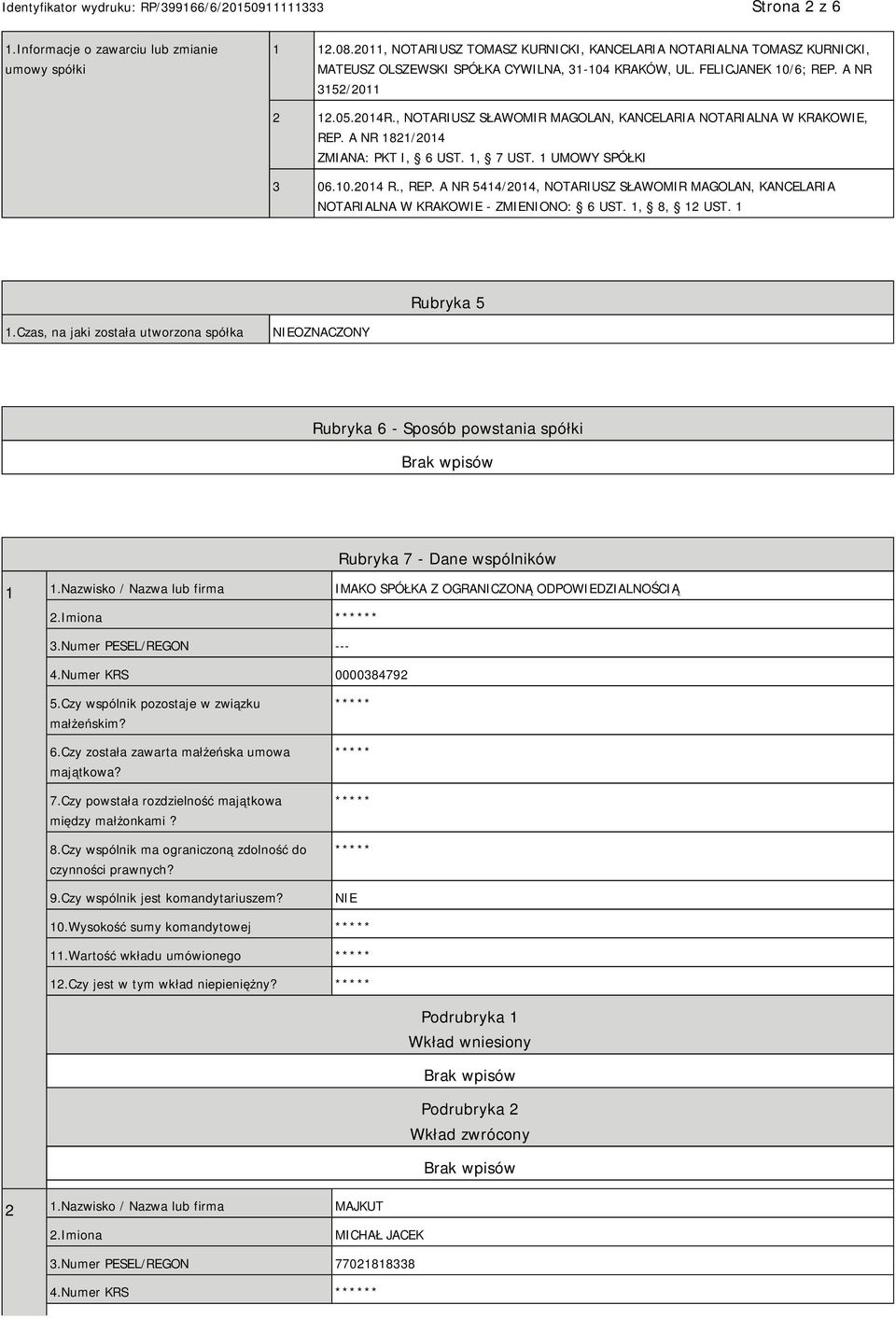 , REP. A NR 5414/2014, NOTARIUSZ SŁAWOMIR MAGOLAN, KANCELARIA NOTARIALNA W KRAKOWIE - ZMIENIONO: 6 UST. 1, 8, 12 UST. 1 Rubryka 5 1.