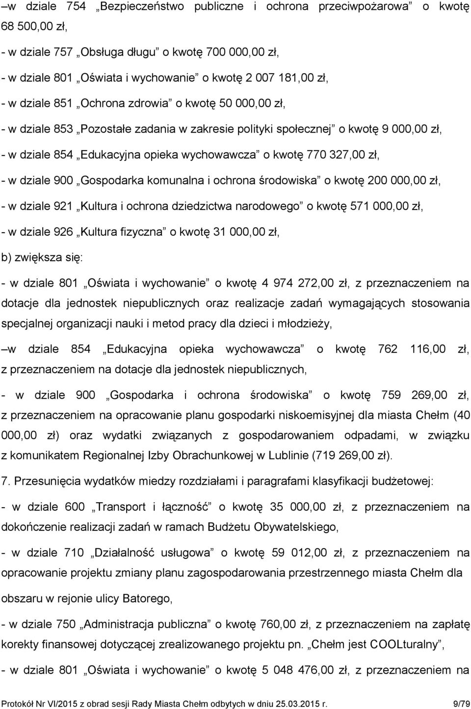 327,00 zł, - w dziale 900 Gospodarka komunalna i ochrona środowiska o kwotę 200 000,00 zł, - w dziale 921 Kultura i ochrona dziedzictwa narodowego o kwotę 571 000,00 zł, - w dziale 926 Kultura