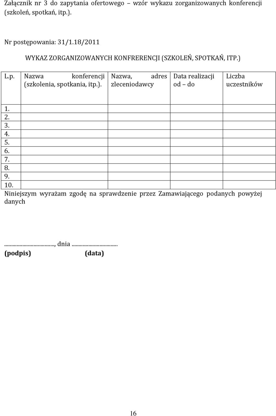 ). Nazwa, adres zleceniodawcy Data realizacji od do Liczba uczestników 1. 2. 3. 4. 5. 6. 7. 8. 9. 10.