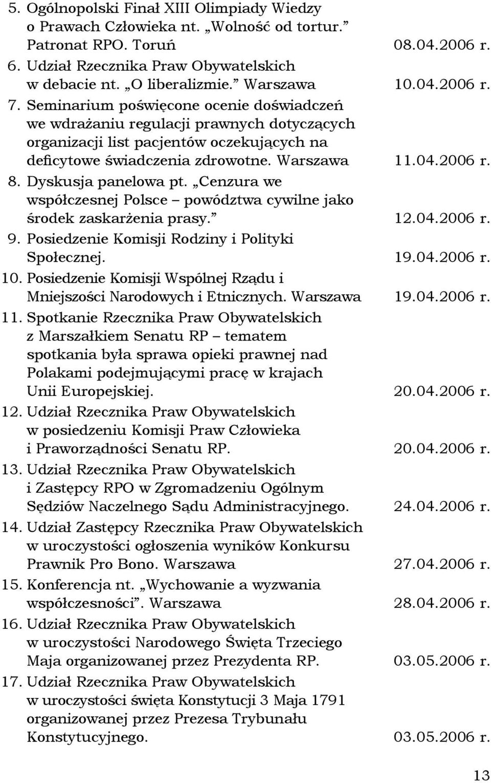 04.2006 r. 8. Dyskusja panelowa pt. Cenzura we współczesnej Polsce powództwa cywilne jako środek zaskarżenia prasy. 12.04.2006 r. 9. Posiedzenie Komisji Rodziny i Polityki Społecznej. 19.04.2006 r. 10.