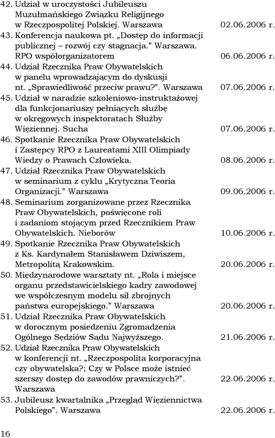 Sprawiedliwość przeciw prawu?. Warszawa 07.06.2006 r. 45. Udział w naradzie szkoleniowo-instruktażowej dla funkcjonariuszy pełniących służbę w okręgowych inspektoratach Służby Więziennej. Sucha 07.06.2006 r. 46.