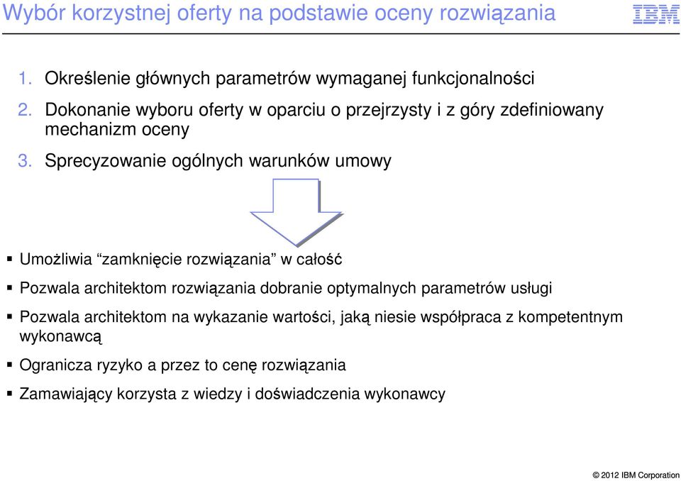 Sprecyzowanie ogólnych warunków umowy Umożliwia zamknięcie rozwiązania w całość Pozwala architektom rozwiązania dobranie optymalnych