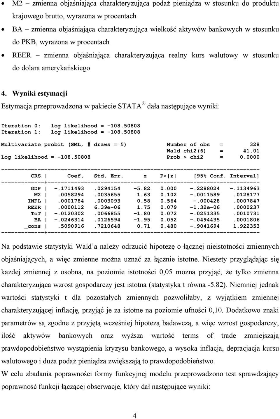 Wyniki estymacji Estymacja przeprowadzona w pakiecie STATA dała następujące wyniki: Iteration 0: log likelihood = -108.50808 Iteration 1: log likelihood = -108.