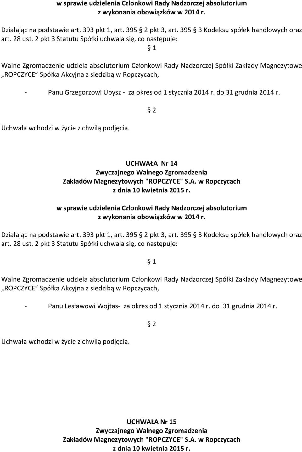 2 pkt 3 Statutu Spółki uchwala się, co następuje: Walne Zgromadzenie udziela absolutorium Członkowi Rady Nadzorczej Spółki Zakłady Magnezytowe ROPCZYCE Spółka Akcyjna z siedzibą w Ropczycach, - Panu