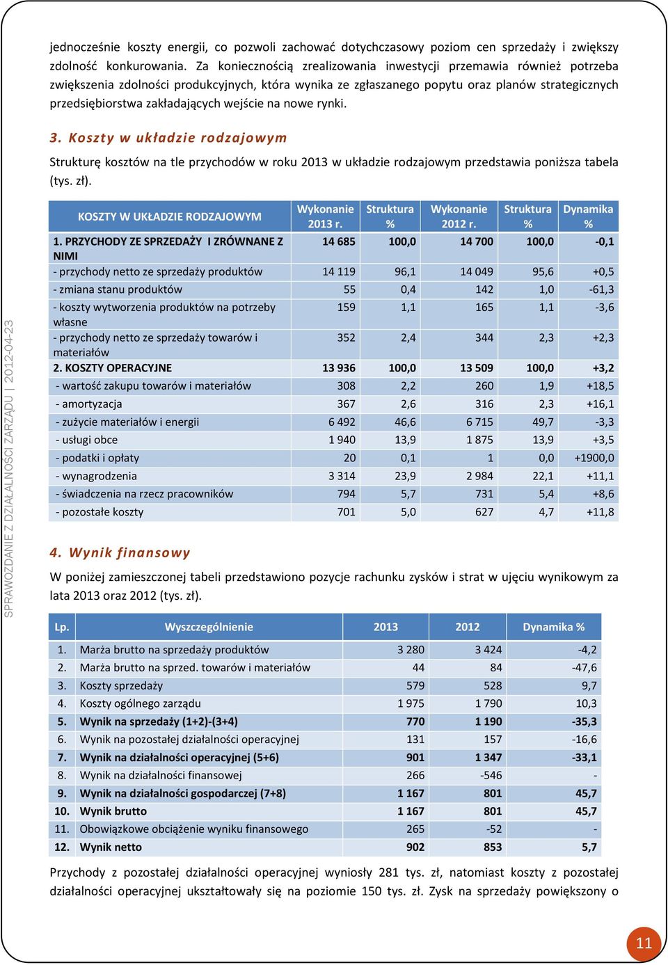 wejście na nowe rynki. 3. Koszty w układzie rodzajowym Strukturę kosztów na tle przychodów w roku 2013 w układzie rodzajowym przedstawia poniższa tabela (tys. zł).