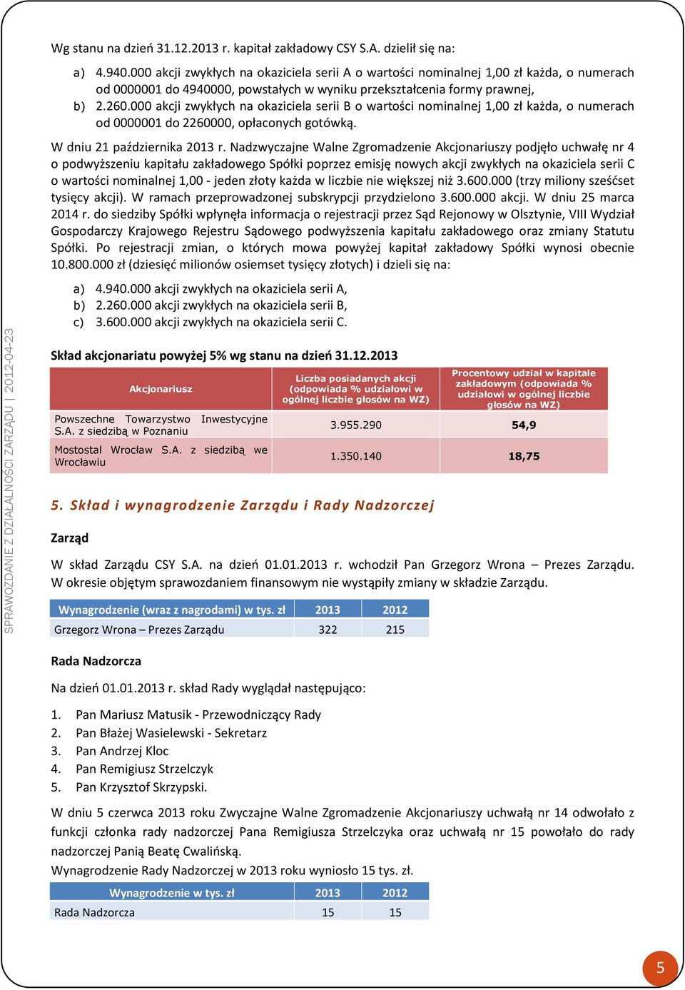 000 akcji zwykłych na okaziciela serii B o wartości nominalnej 1,00 zł każda, o numerach od 0000001 do 2260000, opłaconych gotówką. W dniu 21 października 2013 r.