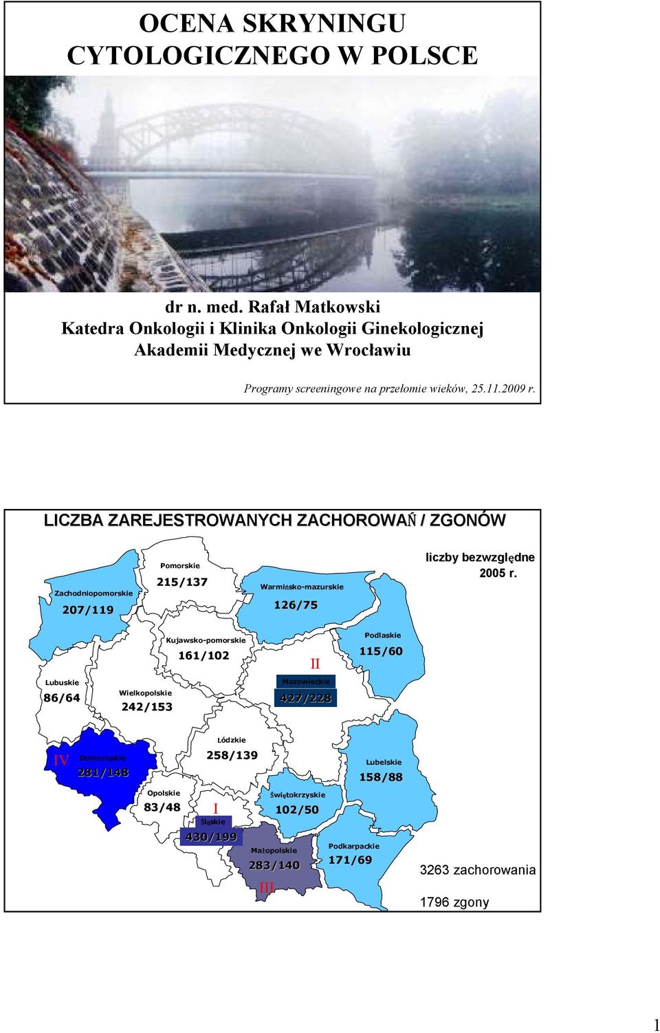 LICZBA ZAREJESTROWANYCH ZACHOROWAŃ / ZGONÓW Zachodniopomorskie 207/119 Pomorskie 215/137 Warmińsko-mazurskie 126/75 liczby bezwzględne 2005 r.