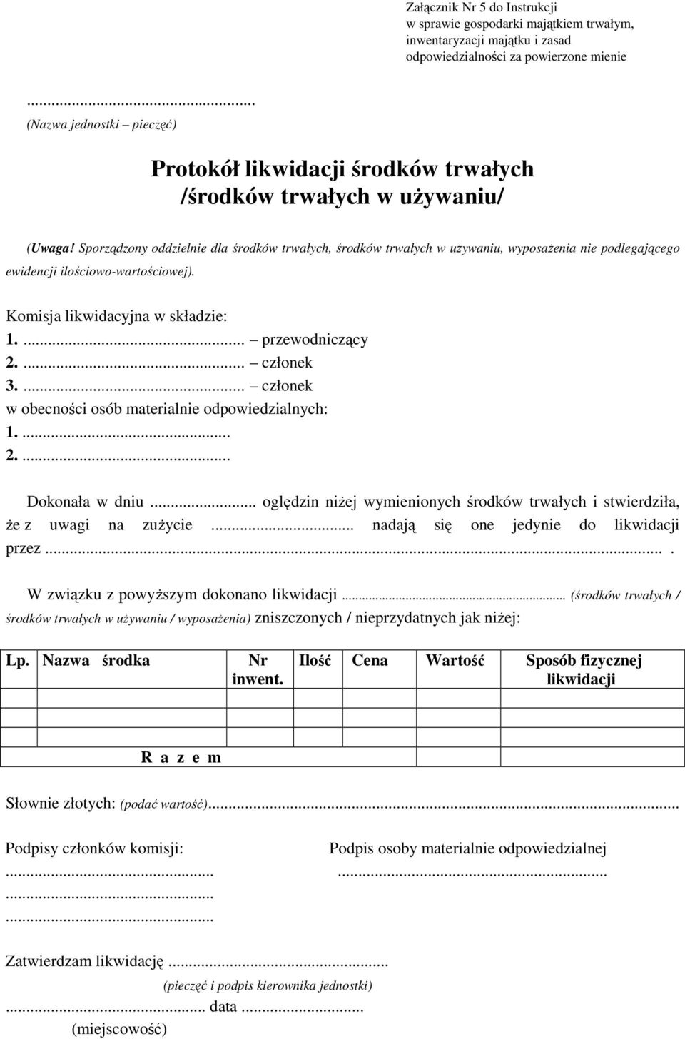 Sporządzony oddzielnie dla środków trwałych, środków trwałych w używaniu, wyposażenia nie podlegającego ewidencji ilościowo-wartościowej). Komisja likwidacyjna w składzie: 1.... przewodniczący 2.