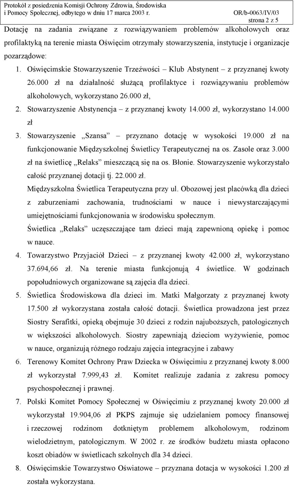 Stowarzyszenie Abstynencja z przyznanej kwoty 14.000 zł, wykorzystano 14.000 zł 3. Stowarzyszenie Szansa przyznano dotację w wysokości 19.