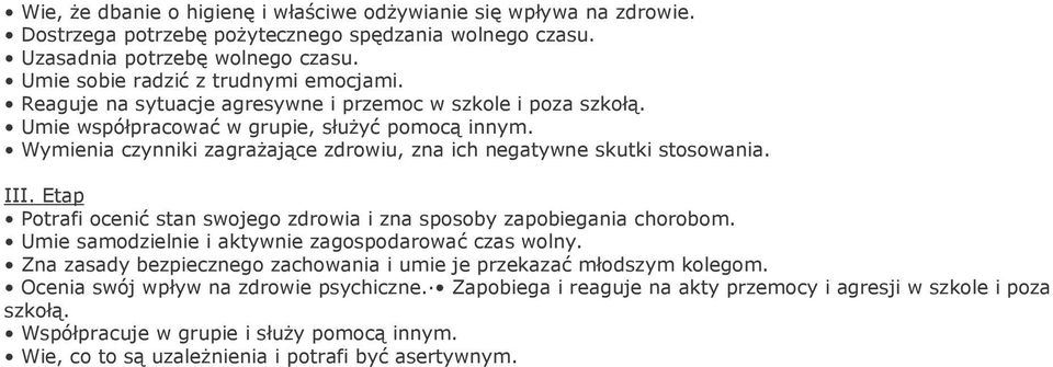 Etap Potrafi ocenić stan swojego zdrowia i zna sposoby zapobiegania chorobom. Umie samodzielnie i aktywnie zagospodarować czas wolny.