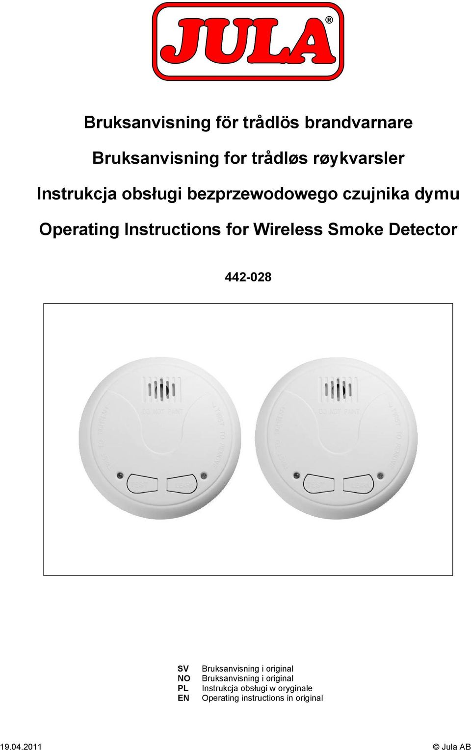 Wireless Smoke Detector 442-028 SV NO PL EN Bruksanvisning i original