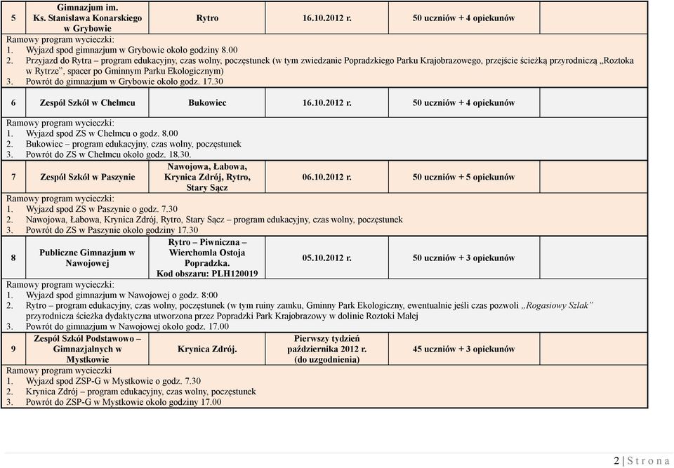 Ekologicznym) 3. Powrót do gimnazjum w Grybowie około godz. 17.30 6 Zespół Szkół w Chełmcu Bukowiec 16.10.2012 r. 50 uczniów + 4 opiekunów 1. Wyjazd spod ZS w Chełmcu o godz. 8.00 2.