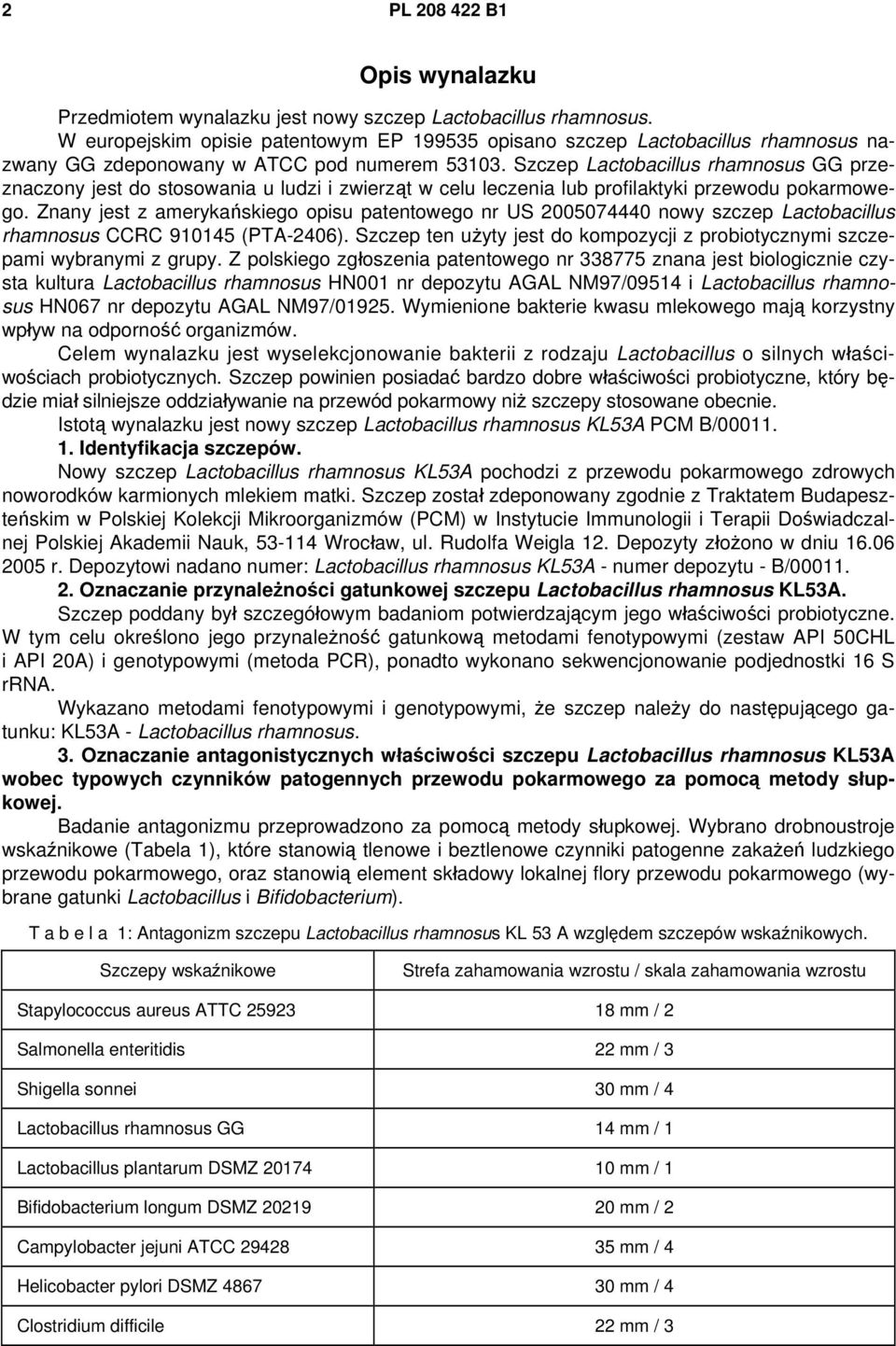 Szczep Lactobacillus rhamnosus GG przeznaczony jest do stosowania u ludzi i zwierząt w celu leczenia lub profilaktyki przewodu pokarmowego.