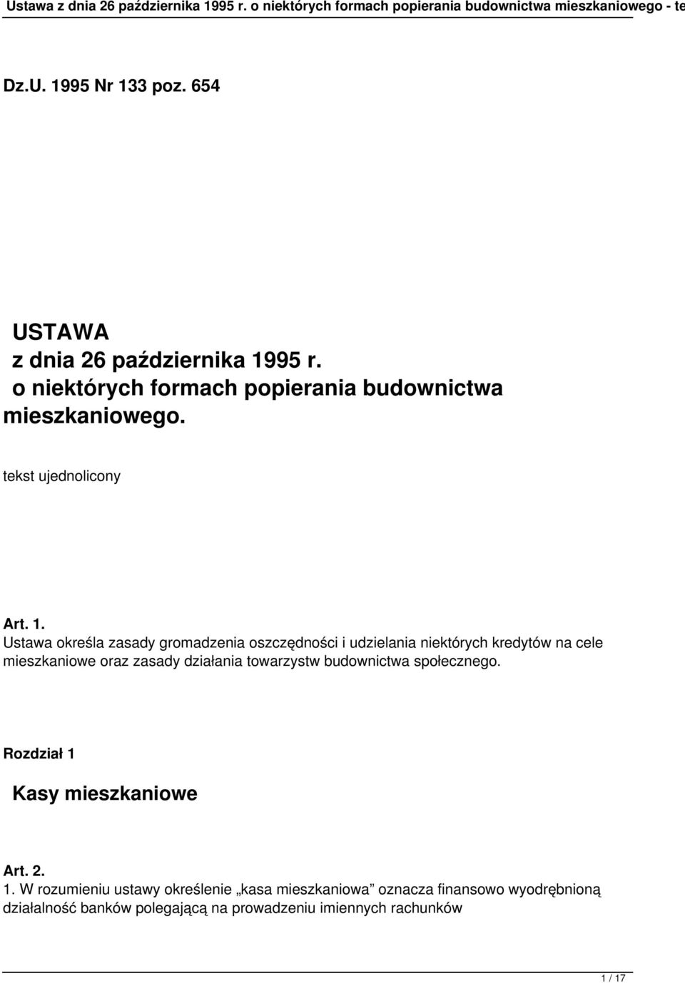 95 r. o niektórych formach popierania budownictwa mieszkaniowego. tekst ujednolicony Art. 1.