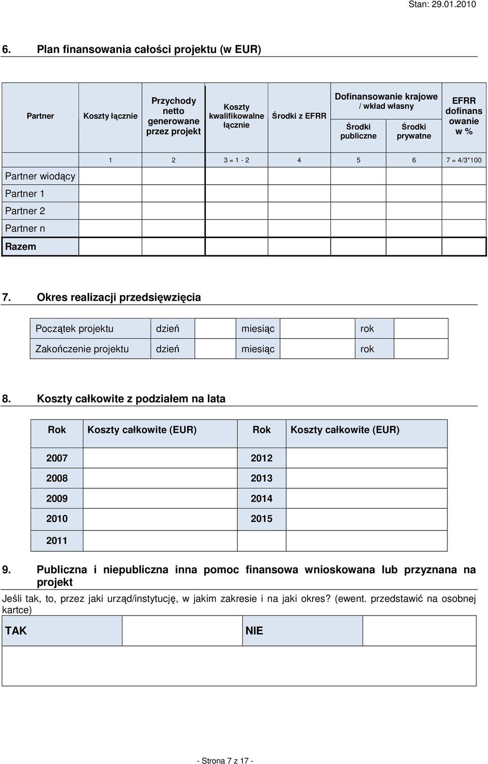 Okres realizacji przedsięwzięcia Początek projektu dzień miesiąc rok Zakończenie projektu dzień miesiąc rok 8.