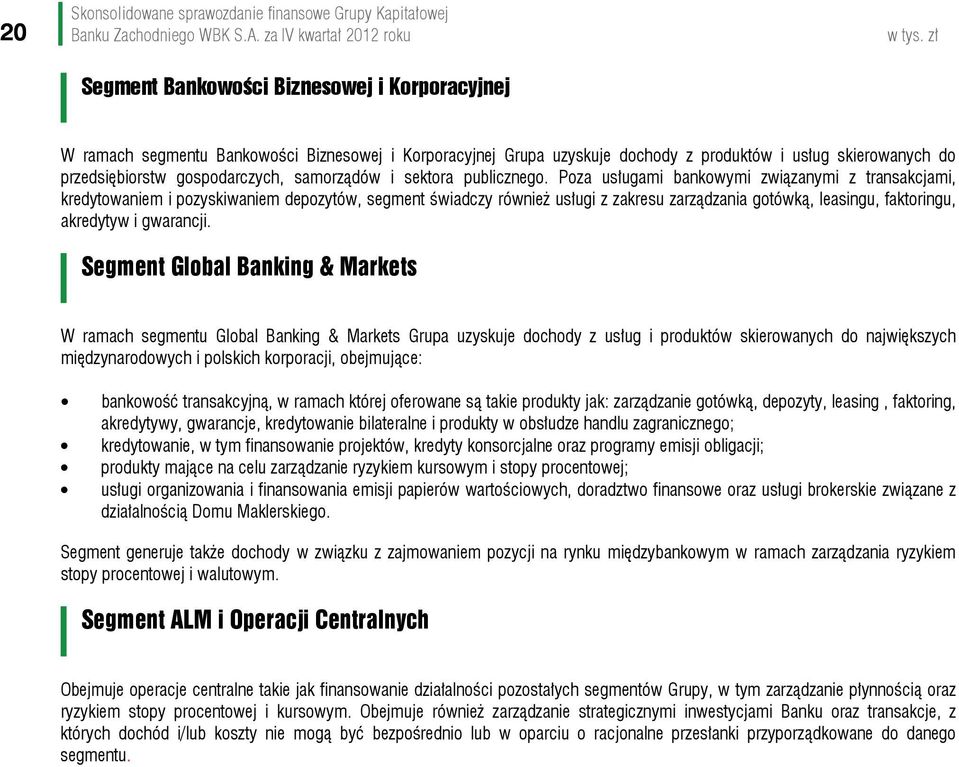 Poza usługami bankowymi związanymi z transakcjami, kredytowaniem i pozyskiwaniem depozytów, segment świadczy również usługi z zakresu zarządzania gotówką, leasingu, faktoringu, akredytyw i gwarancji.