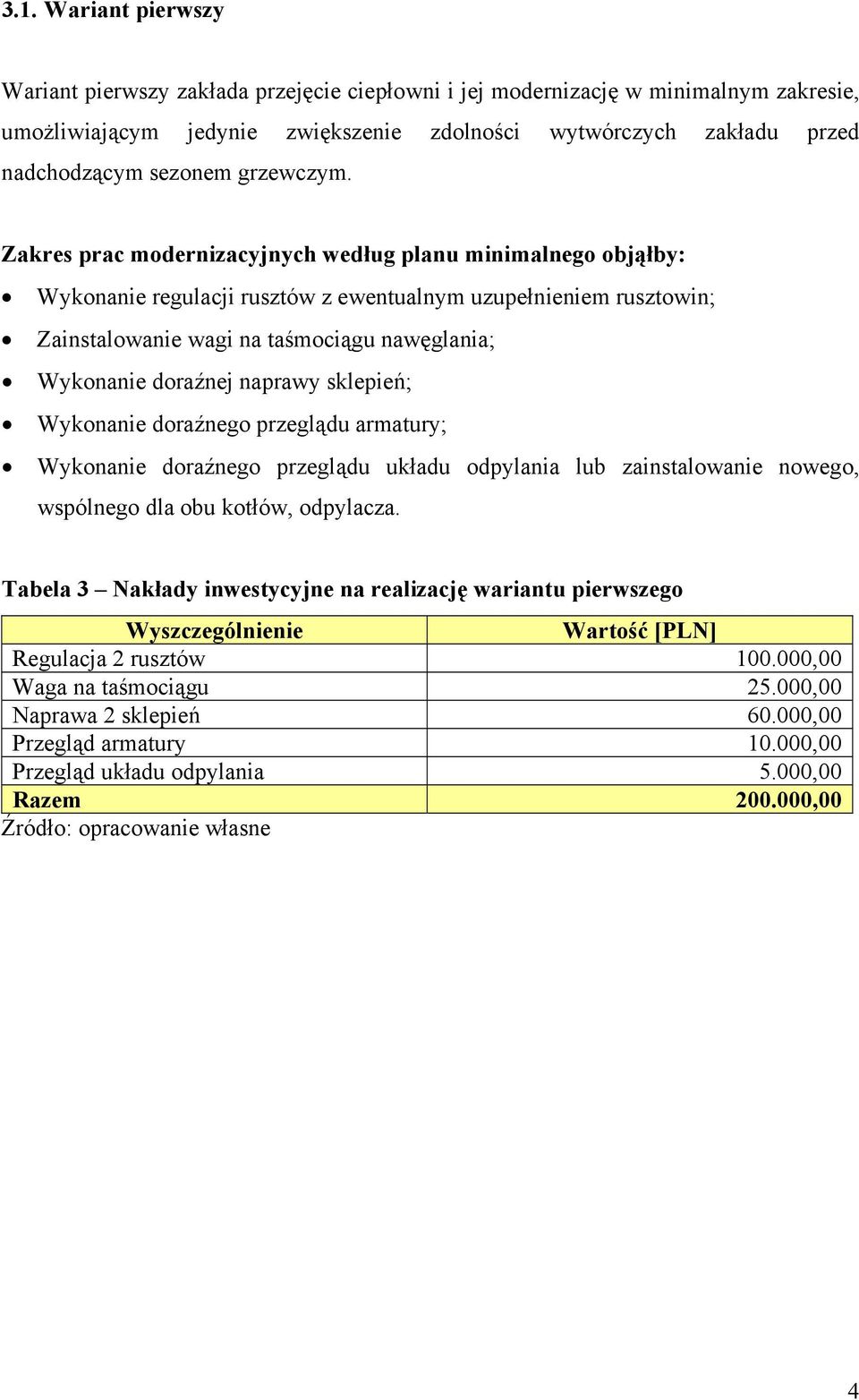 Zakres prac modernizacyjnych według planu minimalnego objąłby: Wykonanie regulacji rusztów z ewentualnym uzupełnieniem rusztowin; Zainstalowanie wagi na taśmociągu nawęglania; Wykonanie doraźnej