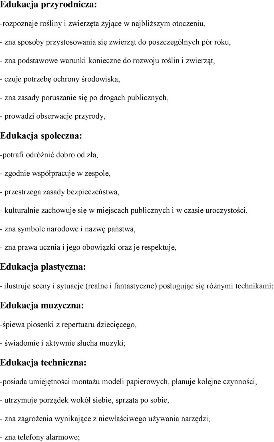 - zgodnie współpracuje w zespole, - przestrzega zasady bezpieczeństwa, - kulturalnie zachowuje się w miejscach publicznych i w czasie uroczystości, - zna symbole narodowe i nazwę państwa, - zna prawa