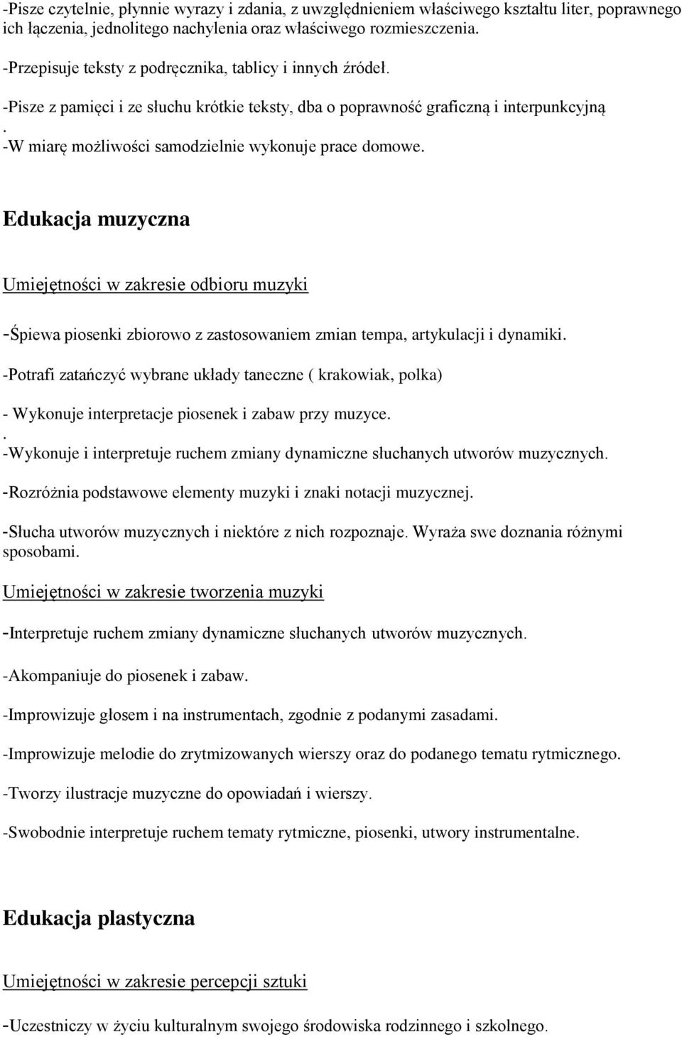 -W miarę możliwości samodzielnie wykonuje prace domowe. Edukacja muzyczna Umiejętności w zakresie odbioru muzyki -Śpiewa piosenki zbiorowo z zastosowaniem zmian tempa, artykulacji i dynamiki.