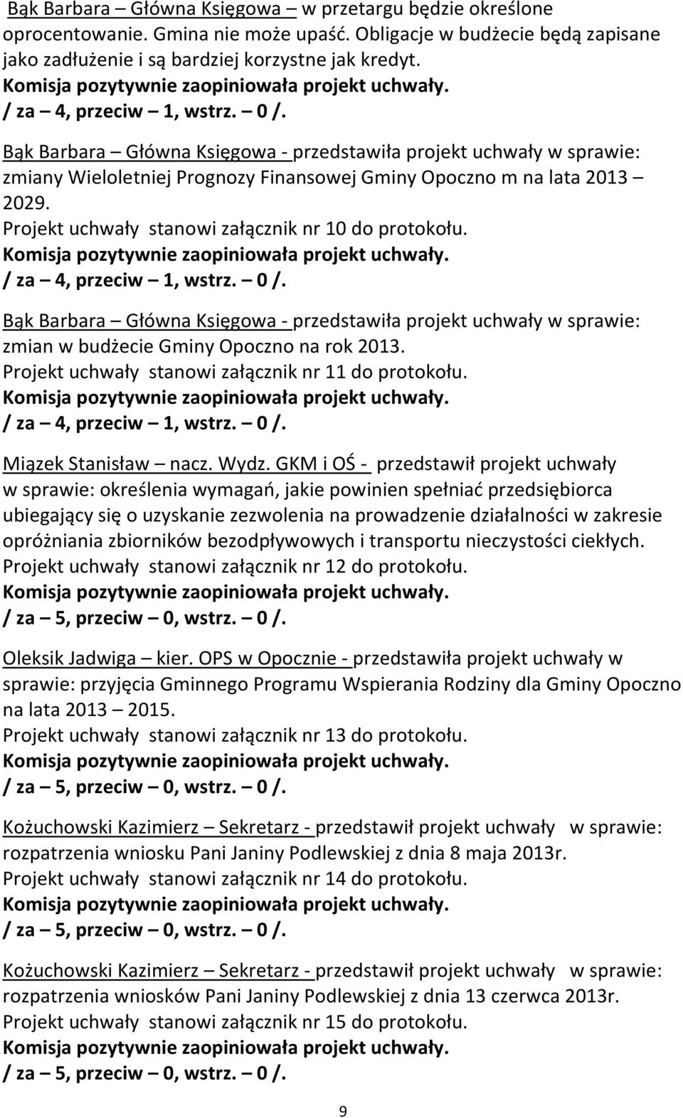 Projekt uchwały stanowi załącznik nr 10 do protokołu. / za 4, przeciw 1, wstrz. 0 /. Bąk Barbara Główna Księgowa - przedstawiła projekt uchwały w sprawie: zmian w budżecie Gminy Opoczno na rok 2013.